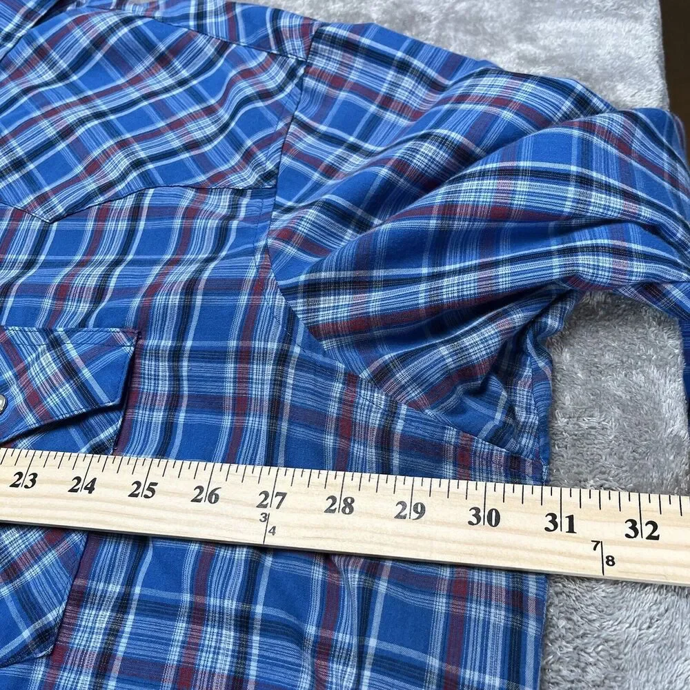Wrangler Shirt Men's 3XL Western Cowboy Rancher Pearl Snap Plaid Blue Red Rodeo - Picture 5 of 7